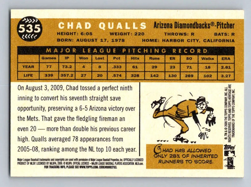 Back of 2009 Topps Heritage #535 Chad Qualls Arizona Diamondbacks baseball card