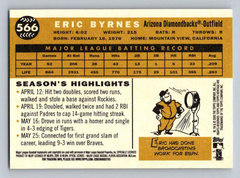 Back of 2009 Topps Heritage #566 Eric Byrnes Arizona Diamondbacks baseball card