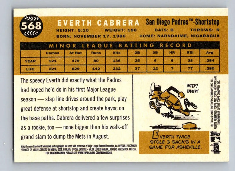 Baseball card back of 2009 Topps Heritage Everth Cabrera San Diego Padres Rookie