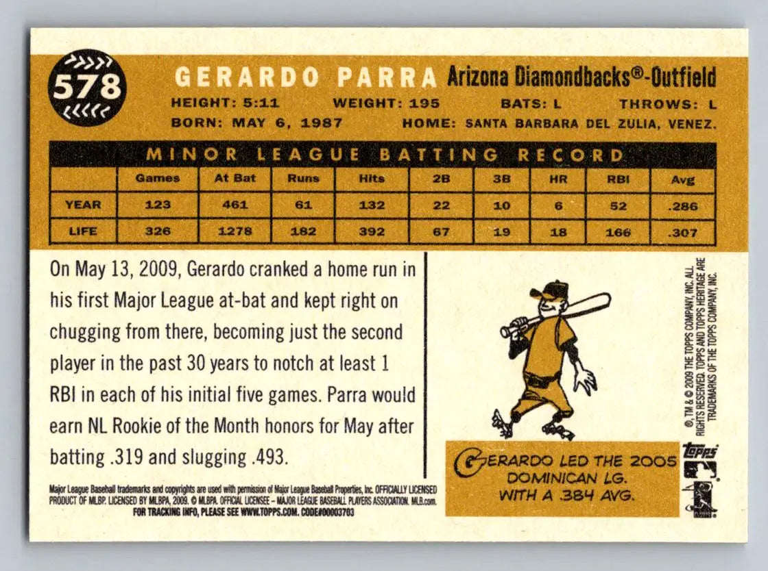 Back of 2009 Topps Heritage #578 Gerardo Parra Arizona Diamondbacks Rookie card
