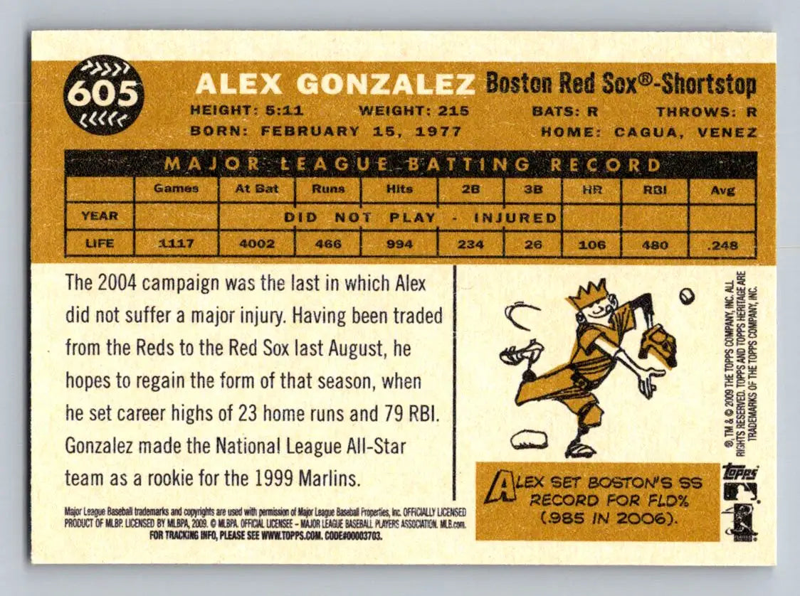 Back of 2009 Topps Heritage #605 Alex Gonzalez Boston Red Sox baseball card