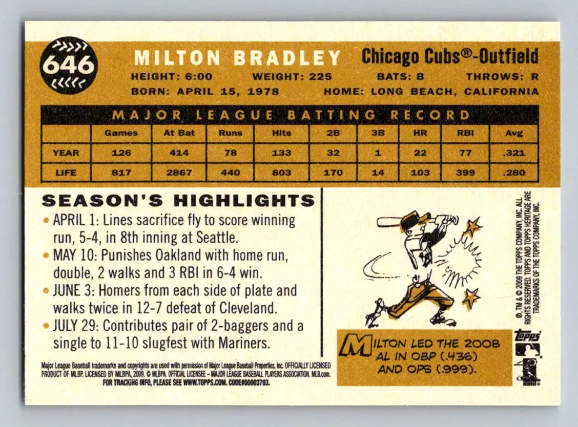 Milton Bradley 2009 Topps Heritage #646 Chicago Cubs baseball card displayed