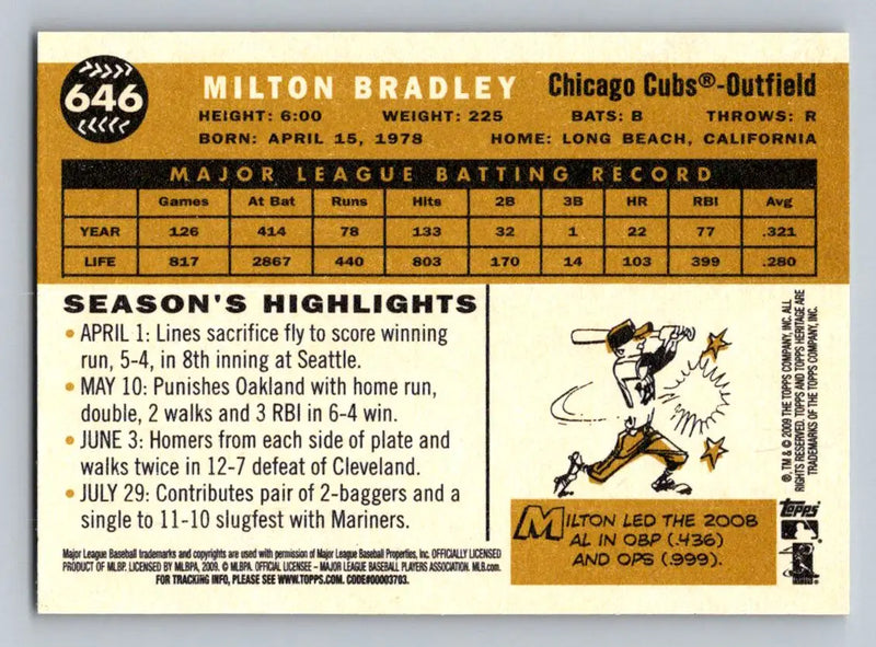 Milton Bradley 2009 Topps Heritage #646 Chicago Cubs baseball card displayed