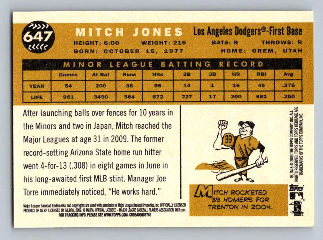 Mitch Jones 2009 Topps Heritage #647 baseball card featuring Los Angeles Dodgers
