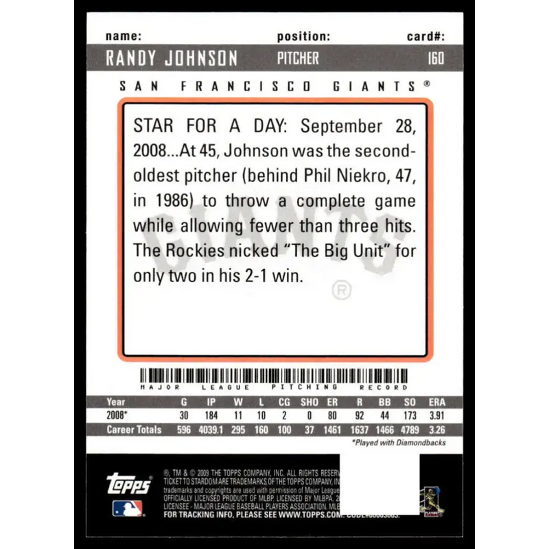 2009 Topps Ticket to Stardom #160 Randy Johnson EX/NM San Francisco Giants Baseball Card - Baseball Card Single