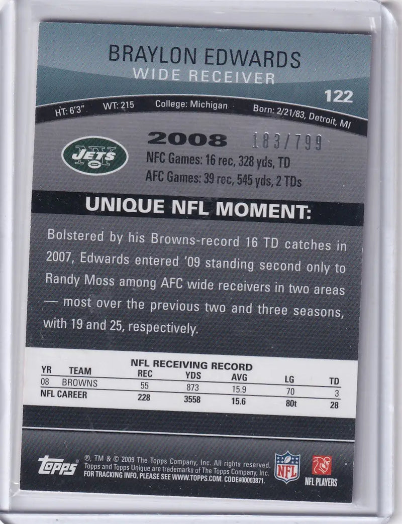 2009 Topps Unique 183/799 #122 Braylon Edwards - New York Jets - Football Card Single