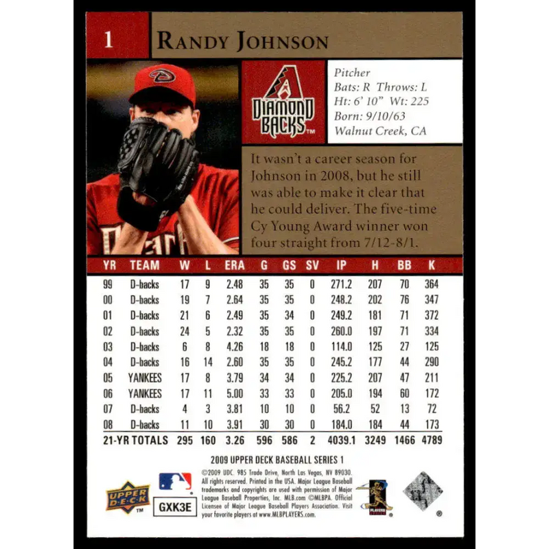 2009 Upper Deck #1 Randy Johnson EX/NM Arizona Diamondbacks Baseball Card - Baseball Card Single