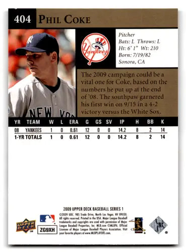 2009 Upper Deck Phil Coke rookie Yankees baseball card NM-MT RC ID 71623