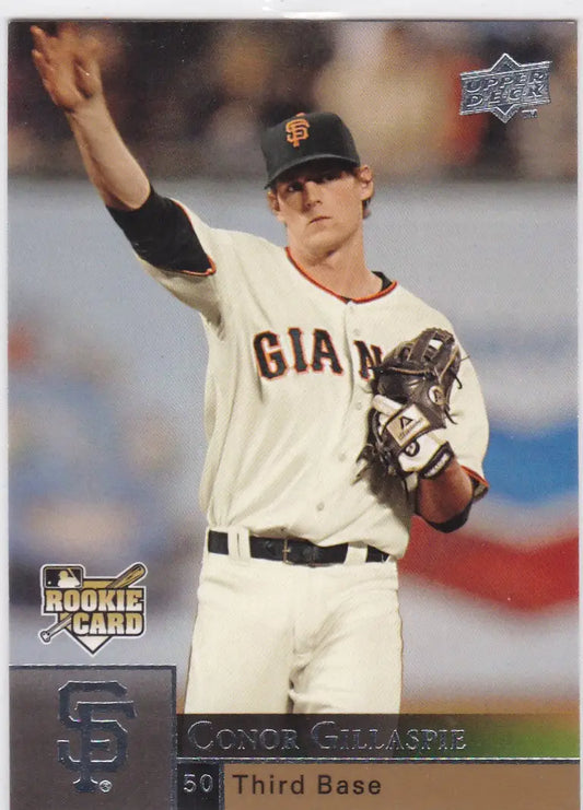 Baseball card of Conor Gillaspie RC San Francisco Giants in white home uniform