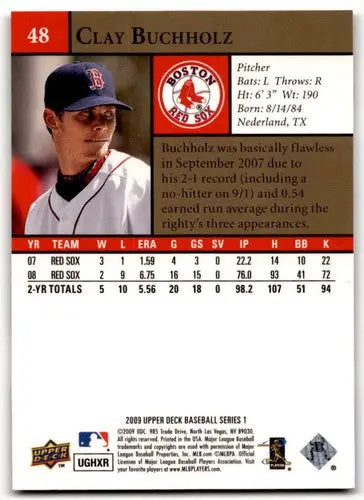 Clay Buchholz baseball card from 2009 Upper Deck with original gloss and near mint quality