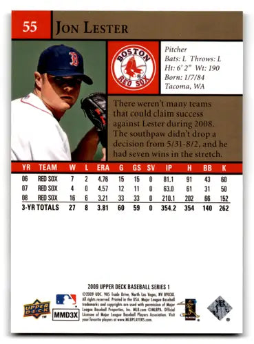 Back of a 2009 Upper Deck Jon Lester Boston Red Sox baseball card with original gloss