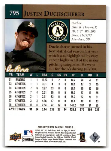 2009 Upper Deck Justin Duchscherer baseball card back with original gloss