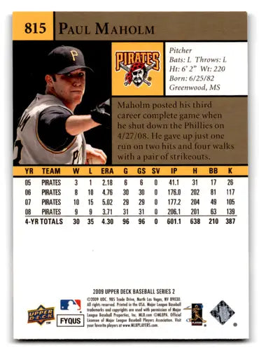 Original gloss 2009 Upper Deck Paul Maholm baseball card Pirates ID 72469