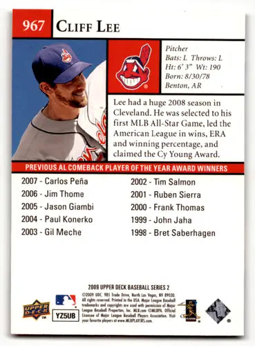 2009 Upper Deck #967 Cliff Lee NM Near Mint Indians AW ID:58827 - Baseball Card Single