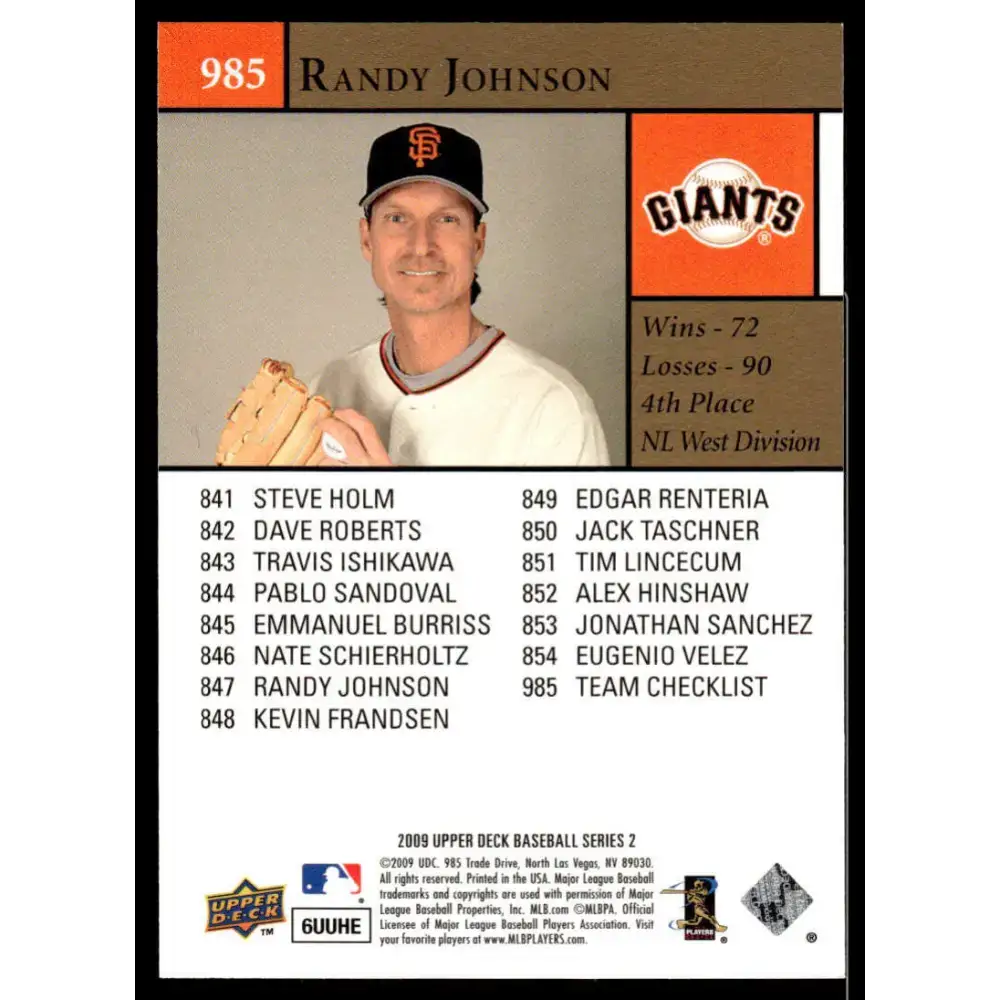 2009 Upper Deck #985 Randy Johnson EX/NM San Francisco Giants Baseball Card - Baseball Card Single