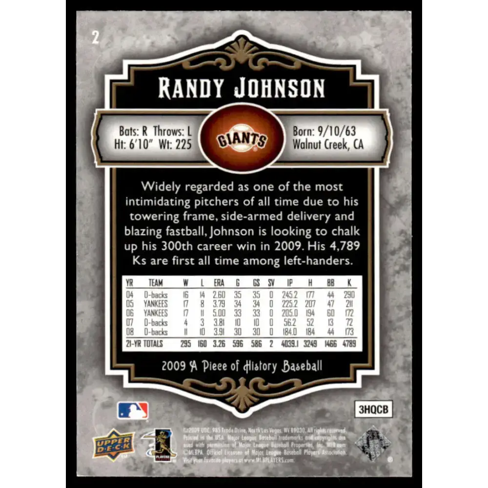 2009 Upper Deck A Piece of History #2 Randy Johnson EX/NM San Francisco Giants Baseball Card - Baseball Card Single