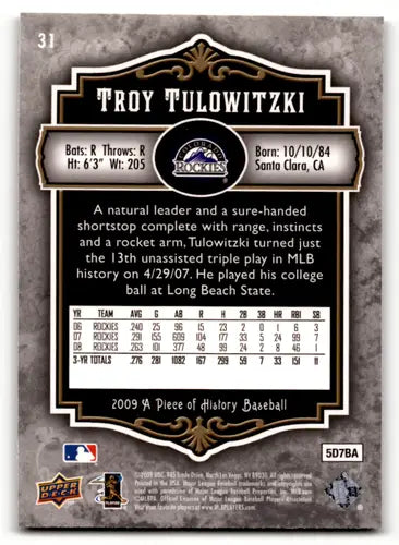 2009 Upper Deck A Piece of History #31 Troy Tulowitzki NM-MT Rockies ID:57925 - Baseball Card Single