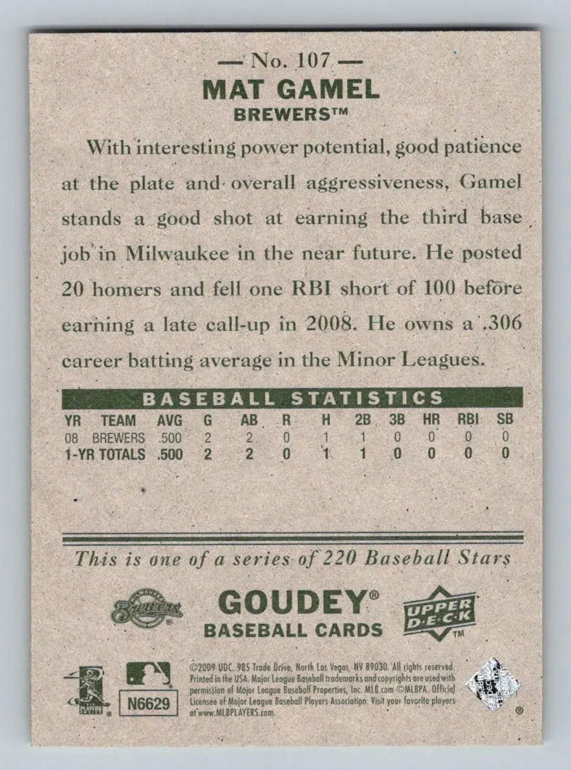 Baseball card back of 2009 Upper Deck Goudey #107 Mat Gamel Milwaukee Brewers Rookie