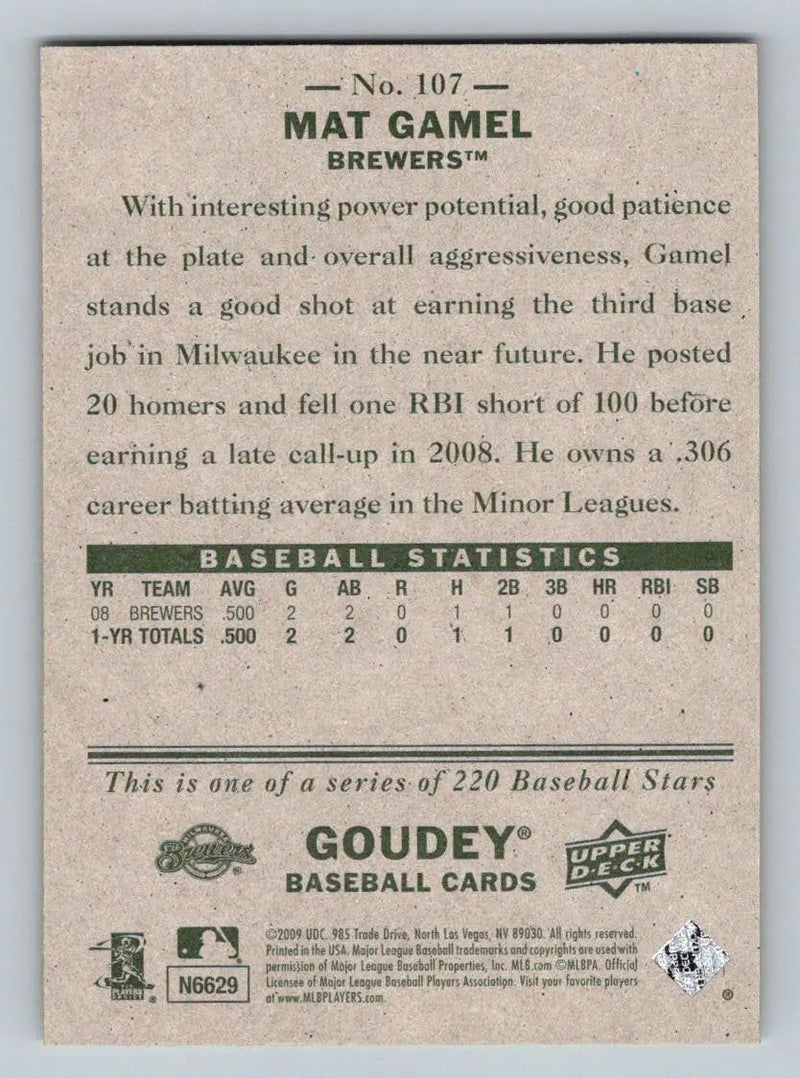 Baseball card back of 2009 Upper Deck Goudey #107 Mat Gamel Milwaukee Brewers Rookie