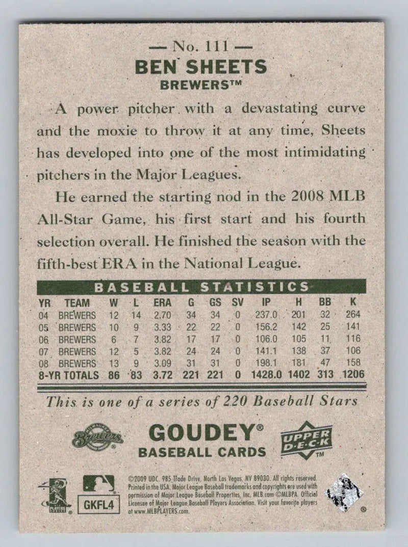 Back view of 2009 Upper Deck Goudey #111 Ben Sheets Milwaukee Brewers baseball card