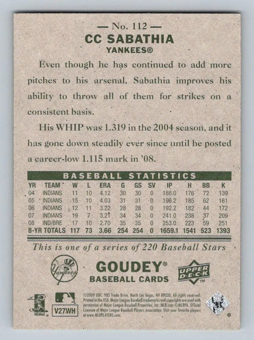Back of 2009 Upper Deck Goudey #112 CC Sabathia New York Yankees baseball card