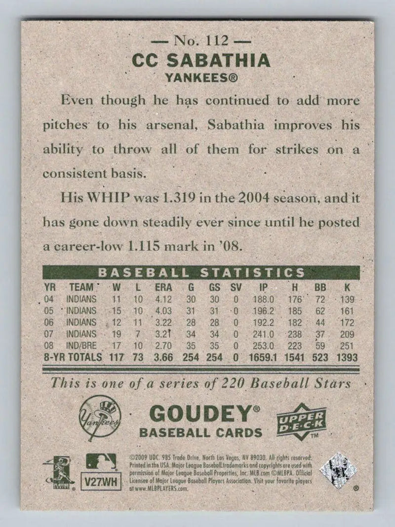 Back of 2009 Upper Deck Goudey #112 CC Sabathia New York Yankees baseball card