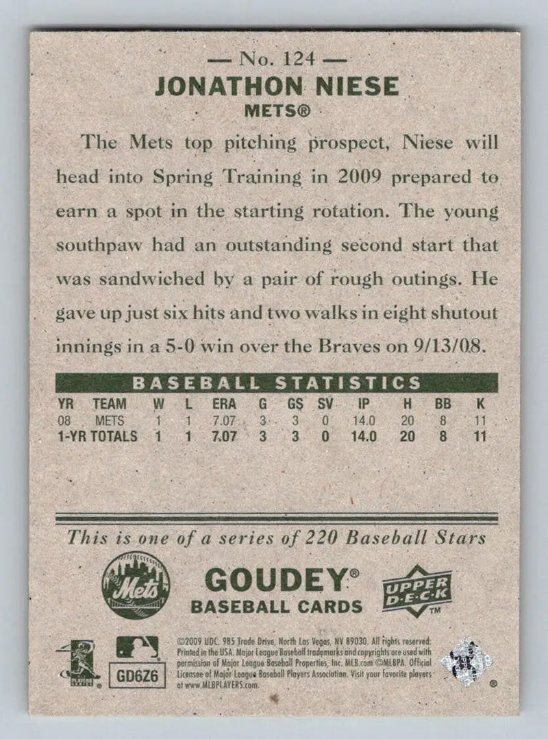 Back of 2009 Upper Deck Goudey #124 Jonathon Niese New York Mets Rookie baseball card