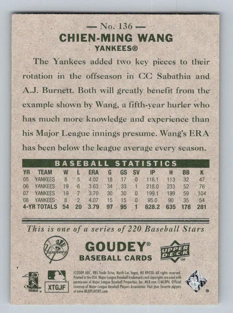 Baseball card back of 2009 Upper Deck Goudey #136 Chien-Ming Wang New York Yankees