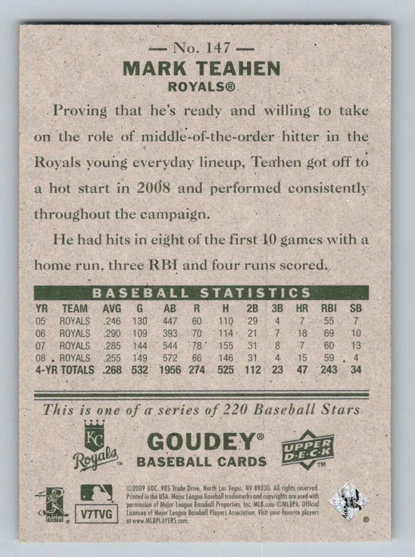 Baseball card back of 2009 Upper Deck Goudey #147 Mark Teahen Kansas City Royals