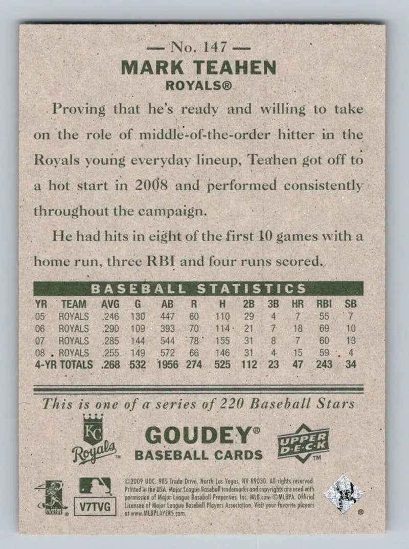 Baseball card back of 2009 Upper Deck Goudey #147 Mark Teahen Kansas City Royals
