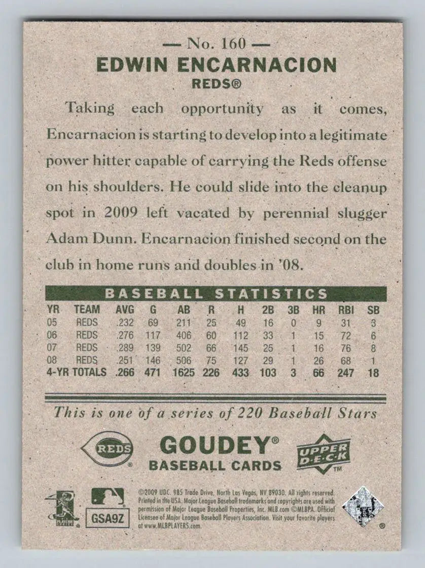 Back of 2009 Upper Deck Goudey #160 Edwin Encarnacion Cincinnati Reds baseball card