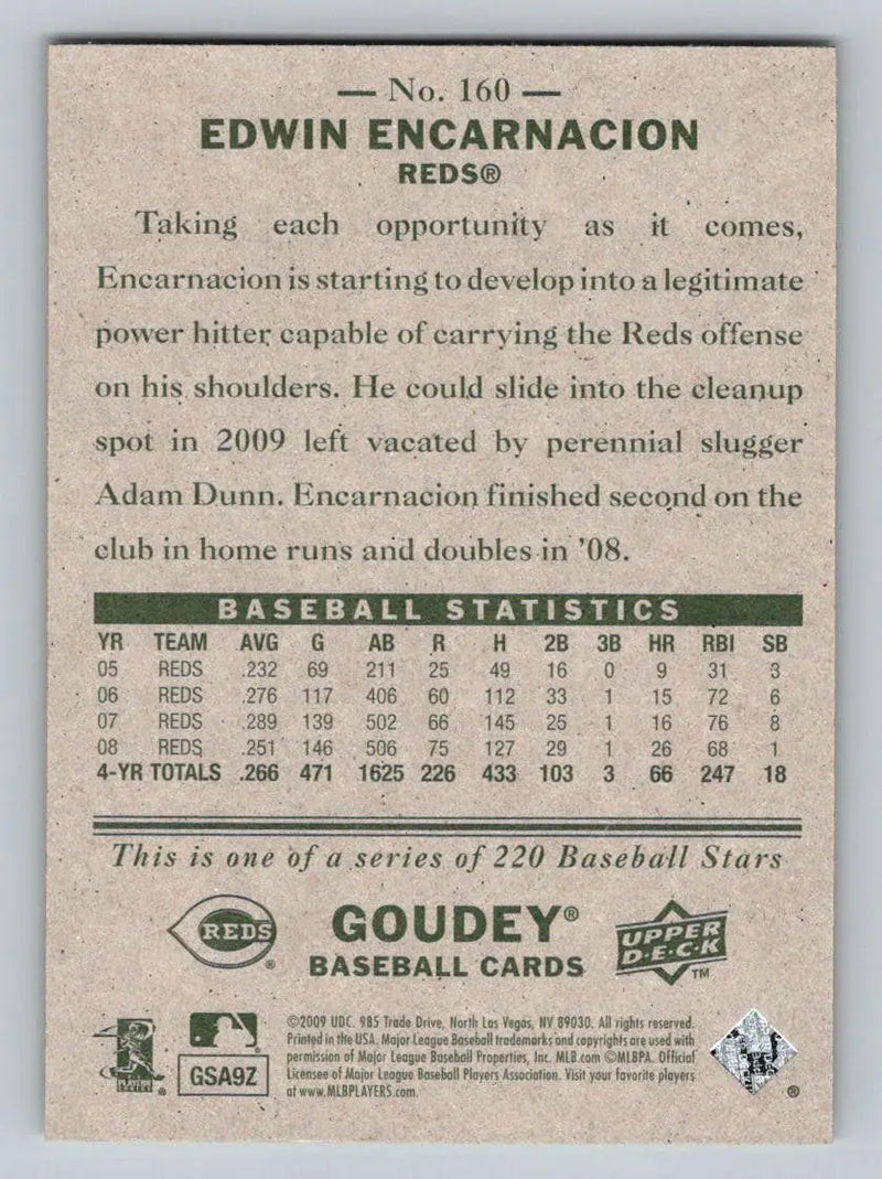 Back of 2009 Upper Deck Goudey #160 Edwin Encarnacion Cincinnati Reds baseball card