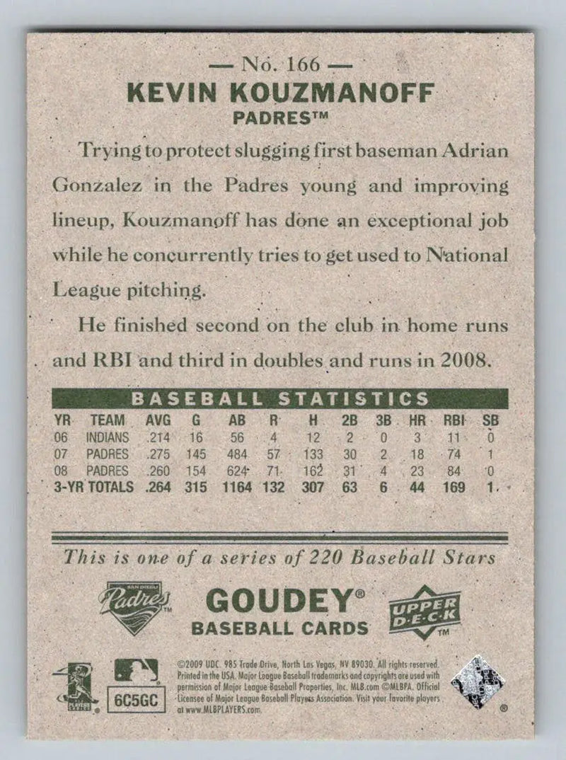 Kevin Kouzmanoff 2009 Upper Deck Goudey #166 baseball card for San Diego Padres fans