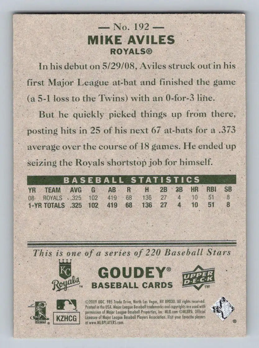 2009 Upper Deck Goudey #192 Mike Aviles Kansas City Royals Baseball Card