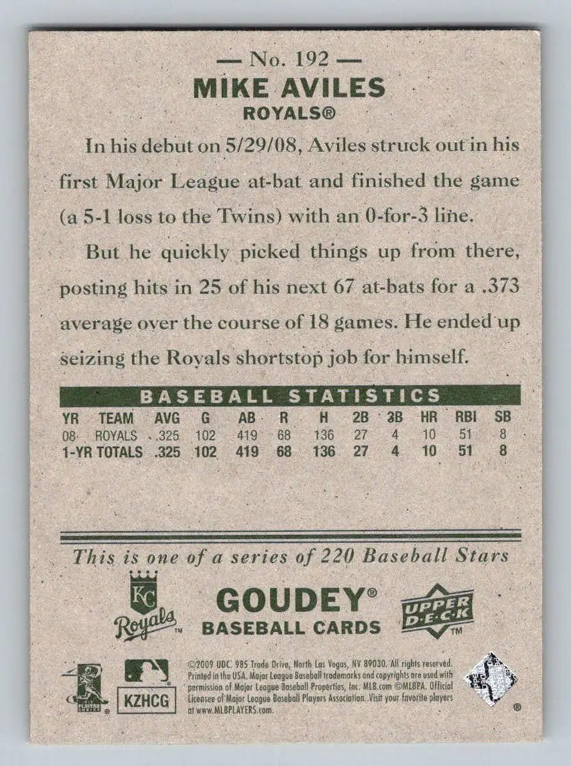2009 Upper Deck Goudey #192 Mike Aviles Kansas City Royals Baseball Card