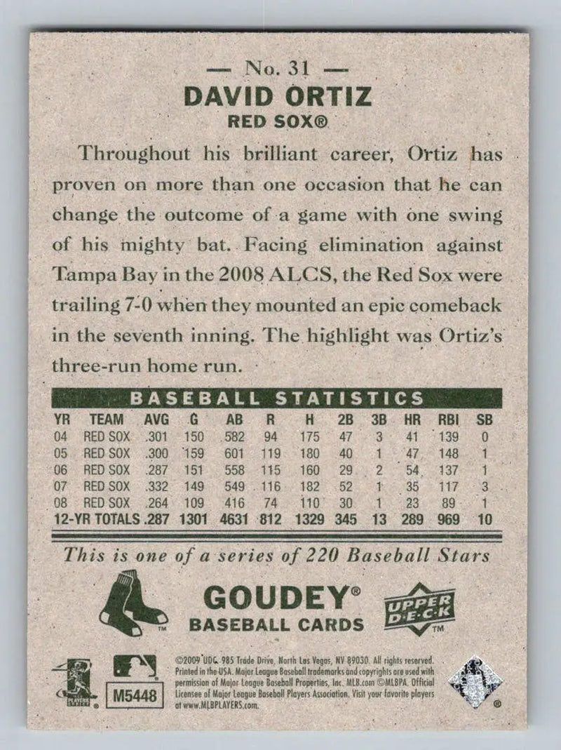 2009 Upper Deck Goudey #31 David Ortiz Boston Red Sox baseball card for collectors