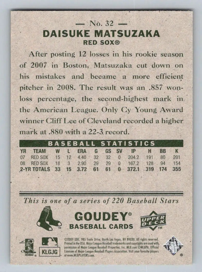 Back of 2009 Upper Deck Goudey #32 Daisuke Matsuzaka Boston Red Sox baseball card