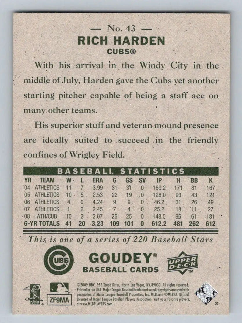 2009 Upper Deck Goudey #43 Rich Harden Chicago Cubs Baseball Card for collectors