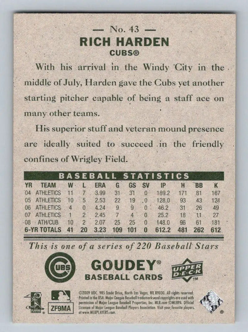 2009 Upper Deck Goudey #43 Rich Harden Chicago Cubs Baseball Card for collectors