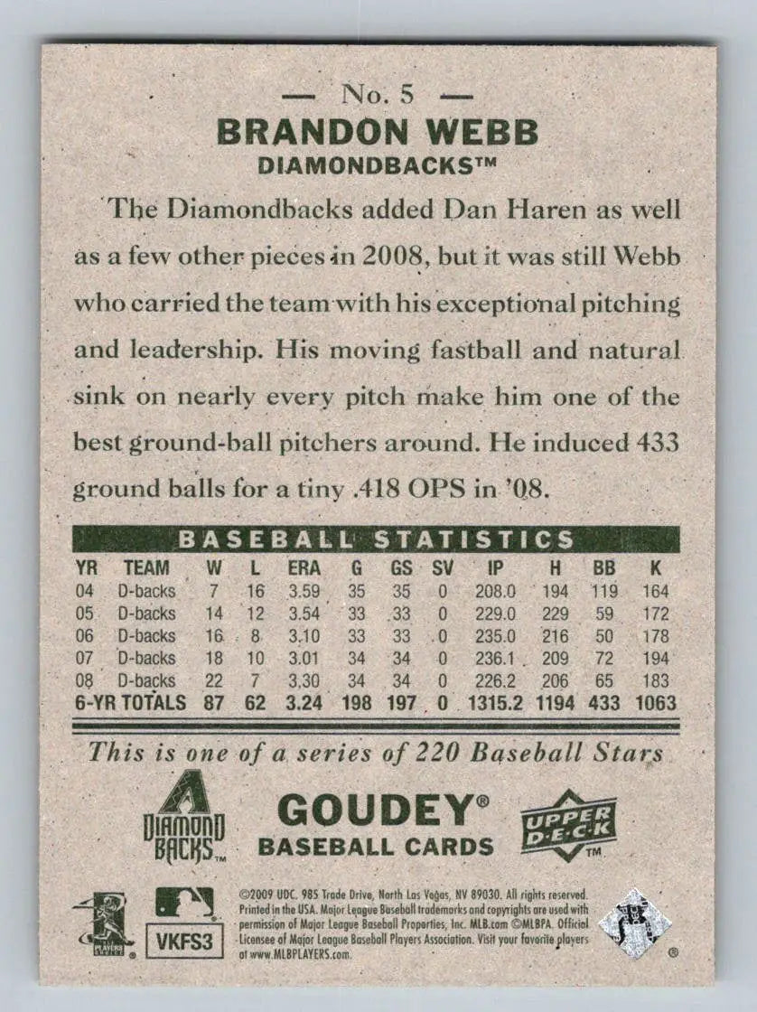 2009 Upper Deck Goudey #5 Brandon Webb Arizona Diamondbacks baseball card display