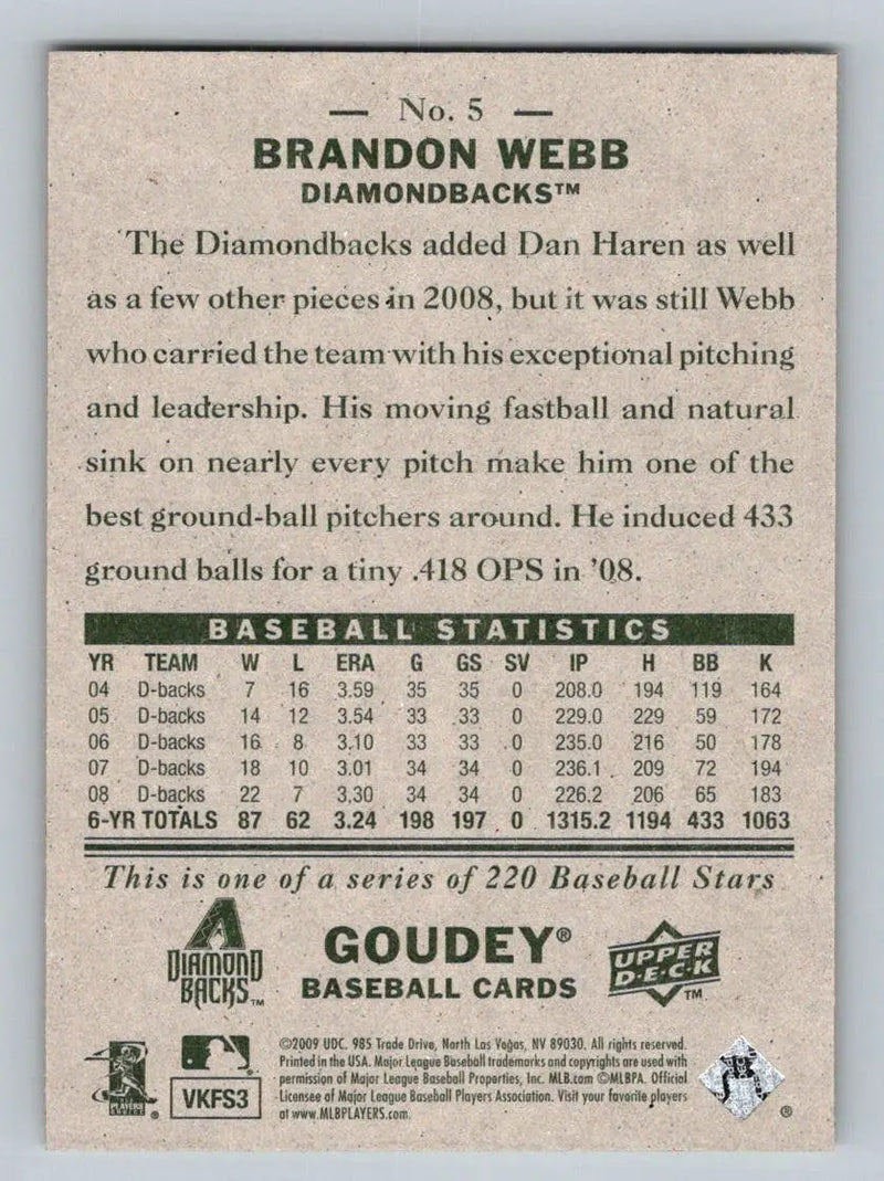 2009 Upper Deck Goudey #5 Brandon Webb Arizona Diamondbacks baseball card display
