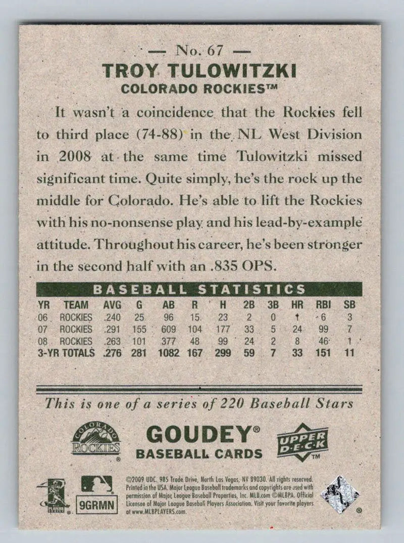 2009 Upper Deck Goudey #67 Troy Tulowitzki baseball card featuring Colorado Rockies star