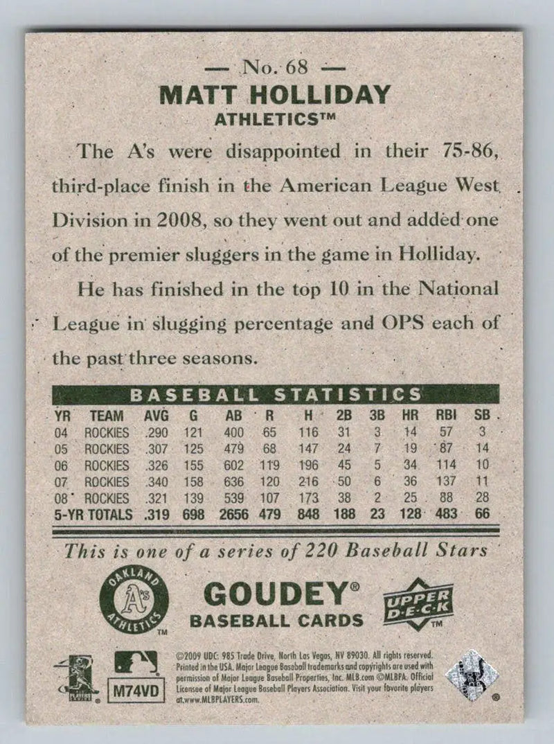 Matt Holliday 2009 Upper Deck Goudey #68 baseball card from Oakland Athletics