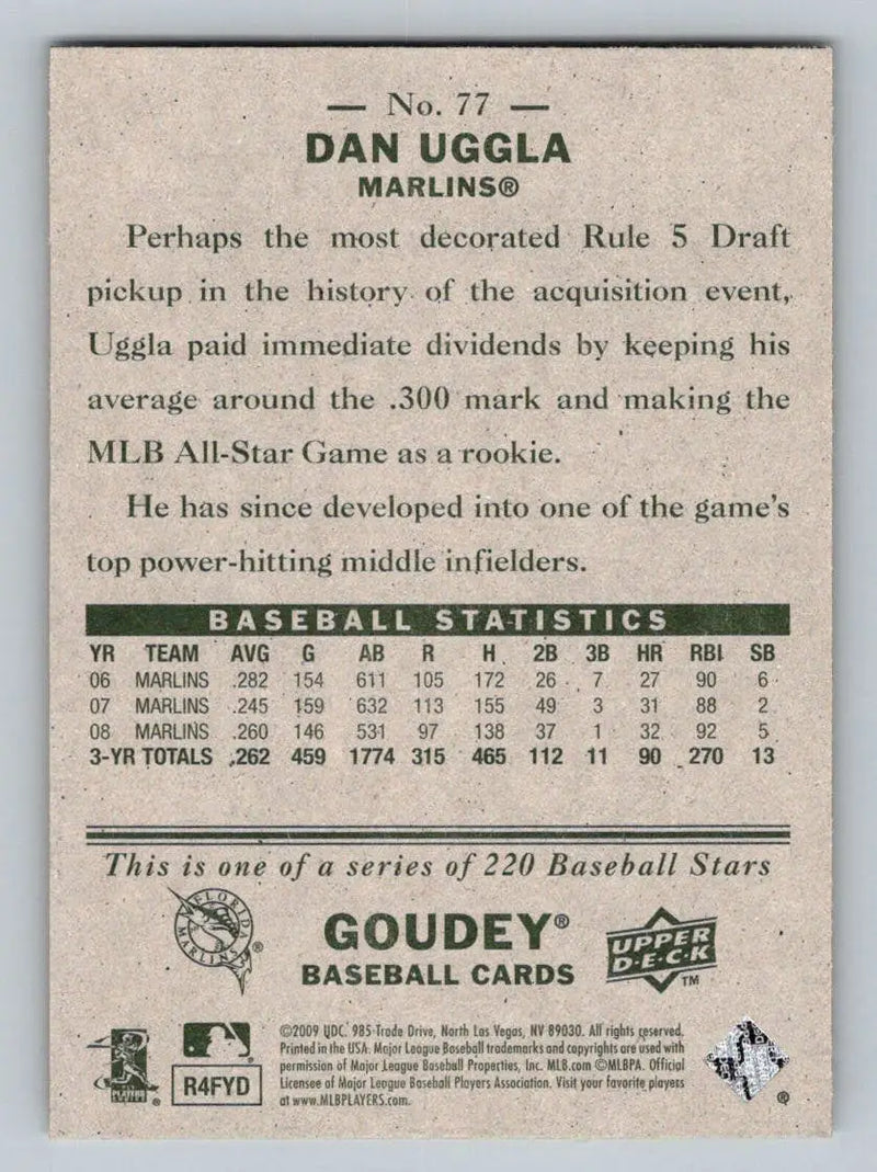 Dan Uggla baseball card from 2009 Upper Deck Goudey #77 featuring Florida Marlins