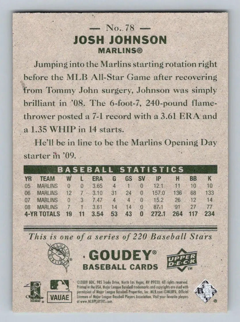Baseball card back of 2009 Upper Deck Goudey #78 Josh Johnson Florida Marlins