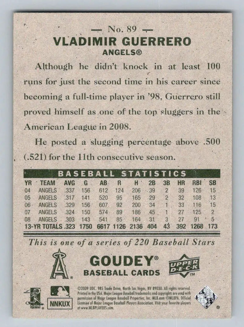 Back of 2009 Upper Deck Goudey #89 Vladimir Guerrero Los Angeles Angels baseball card