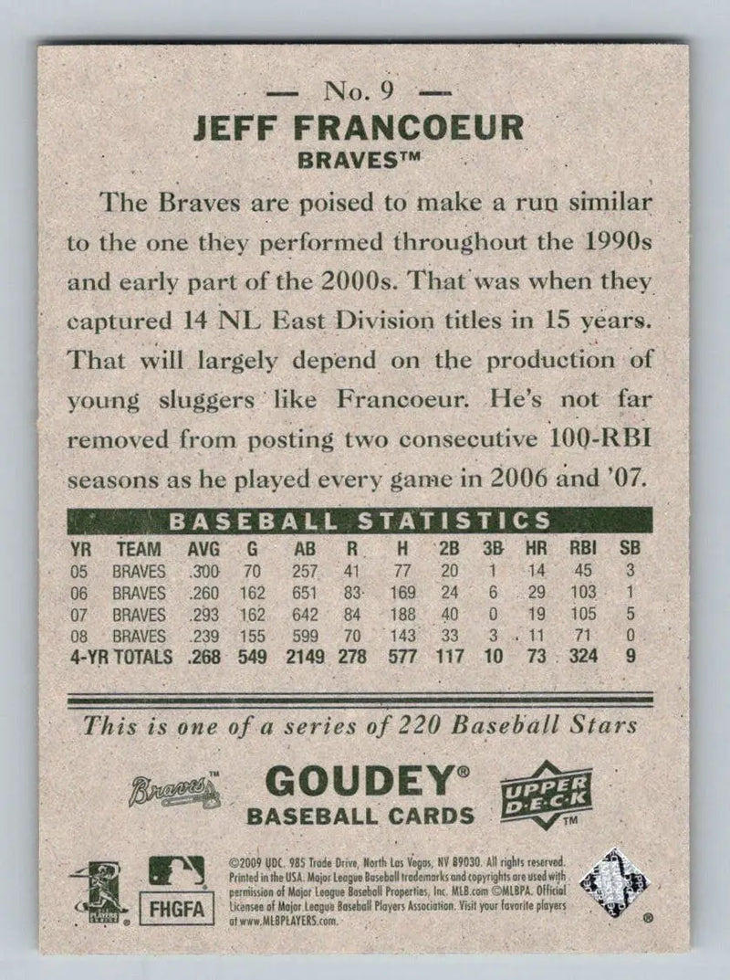 Back of 2009 Upper Deck Goudey #9 Jeff Francoeur Atlanta Braves baseball card