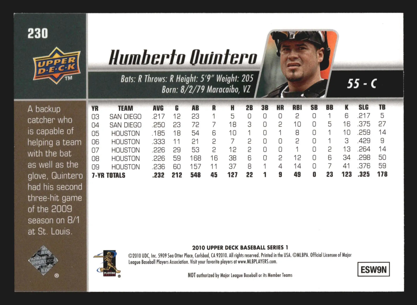 2009 Upper Deck Humberto Quintero #230 Houston Astros - Baseball Card Single