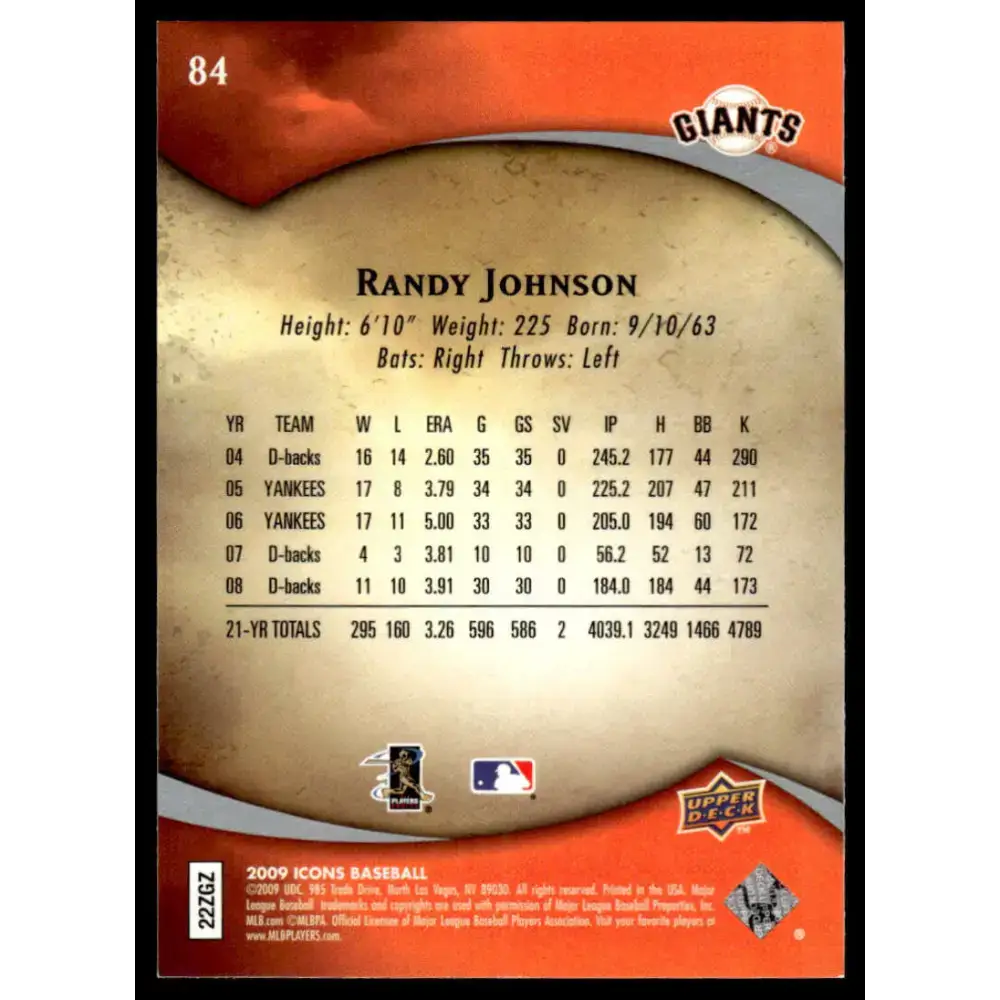 2009 Upper Deck Icons #84 Randy Johnson EX/NM San Francisco Giants Baseball Card - Baseball Card Single