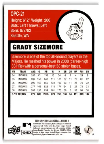 Grady Sizemore baseball card from 2009 Upper Deck O-Pee-Chee OPC21 Grady Sizemore NM-MT Indians